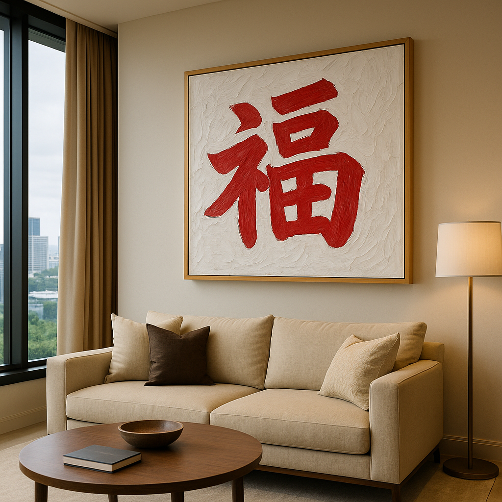 福 (Blessing) impasto artwork in modern living room